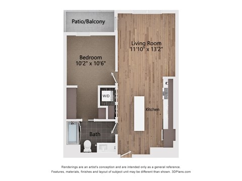A floor plan of a small apartment with a bedroom, bathroom, kitchen, living room, and a patio/balcony.